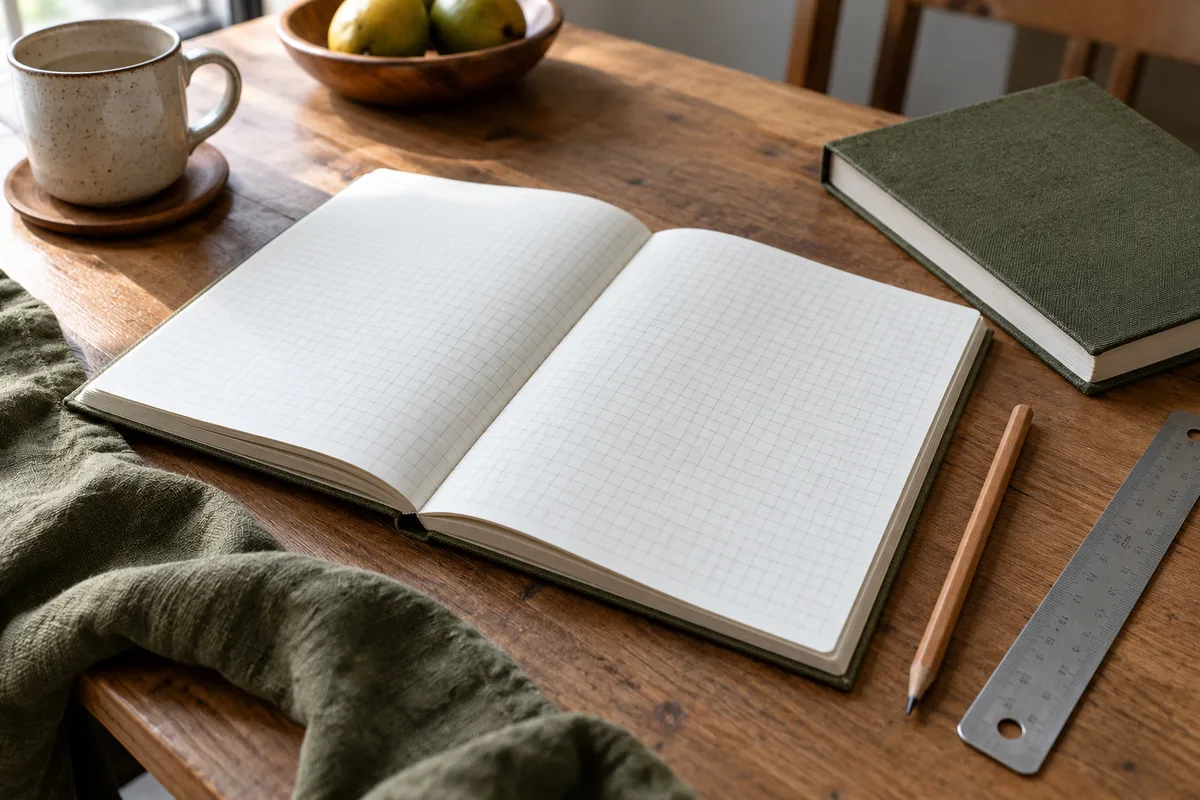 Quaderno a griglia senza testo accanto a matita e righello