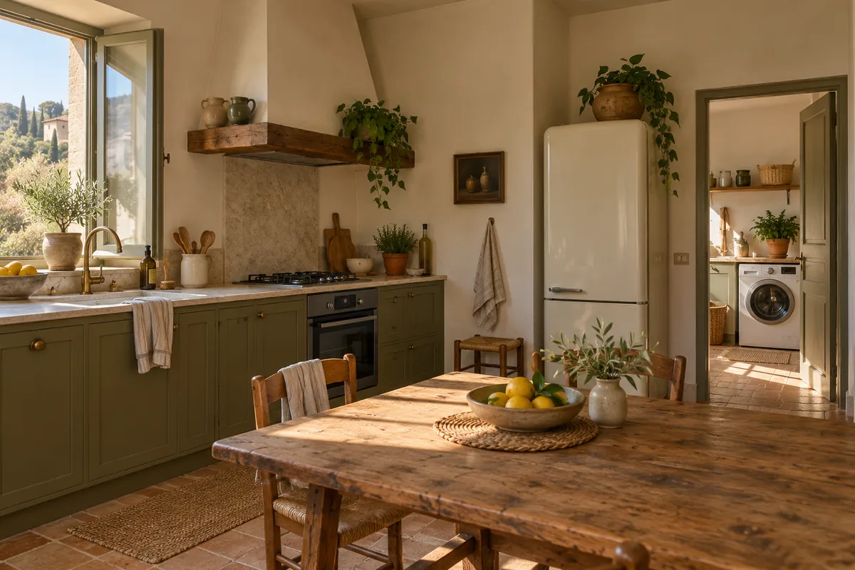 Cucina italiana con mobili verdi e apparecchi chiusi